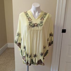 Vintage Jackpot yellow with brown and green palm embroidery swim cover up OS